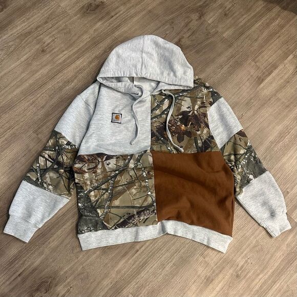 Carhartt Tops - Carhartt Upcycled Handmade Gray Camouflage Relaxed Patchwork Hoodie Sweater
